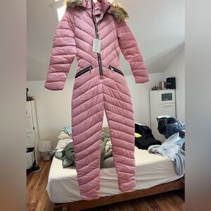 Women's Pink Ski One-Piece Snowsuit with Fur-Trim Hood